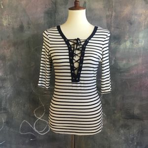 Navy/White Sailor Striped Sexy Lace-Up Top